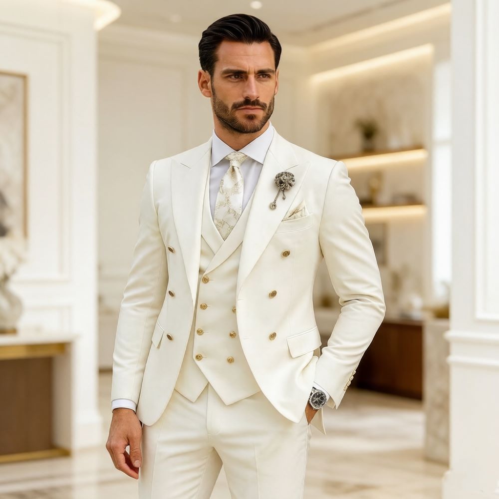 Men Formal Wear Modern - Herren Elfenbein Hochzeitsanzug Slim Fit 3-teilig