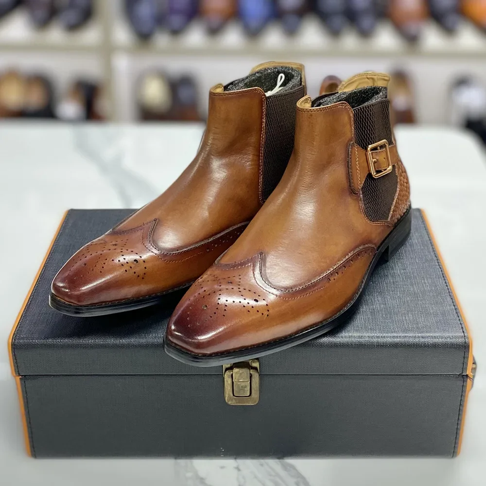 Men Formal Wear With Boots - Herren-Stiefeletten aus echtem Rindsleder, Slip-on-Schnallenriemen mit