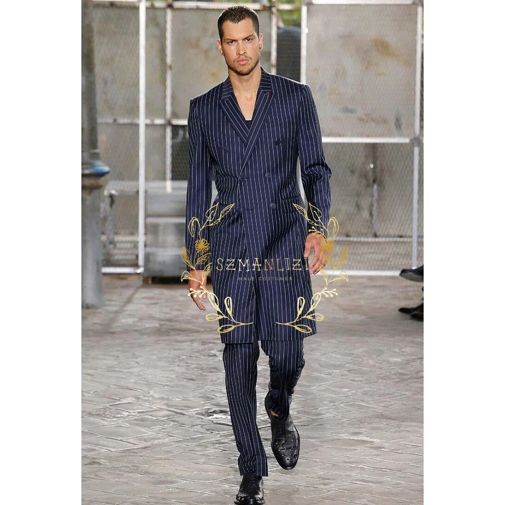 Men Formal Wear Modern - Formeller Herrenanzug 2-teilig Marineblau Gestreift Langer